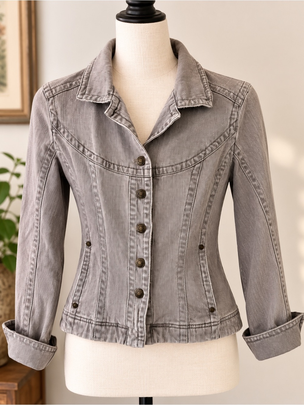 Gray Stretch Denim Jacket Medium Y2K Fitted Button Front